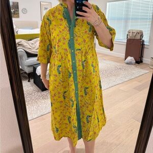 Yellow Floral-Print Midi Dress with Green Trim